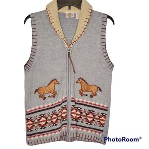 Vintage ROD'S knit vest sherpa‎ collar embroidered patch horses western tribal